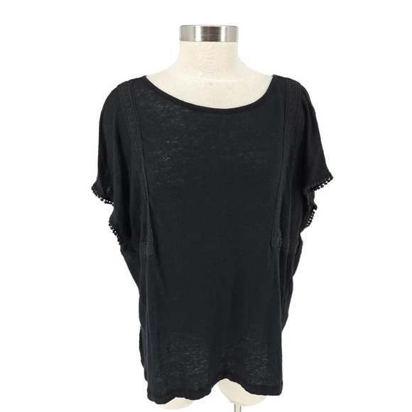 NYDJ Tee Shirt Linen Charcoal Short Sleeve Lace Trim Scoop Neck Boho Top - Picture 1 of 7
